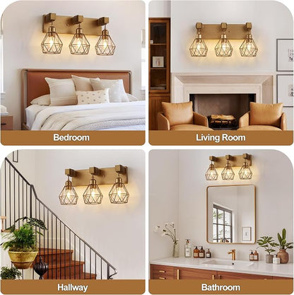 maesta 3 Light Bathroom Vanity Light, Farmhouse Gold Fixture Over Mirror | Farmhouse Bathroom Light Fixtures, Wood & Metal, Anti-Rust, Easy to Install for Rustic Bathroom Hallway