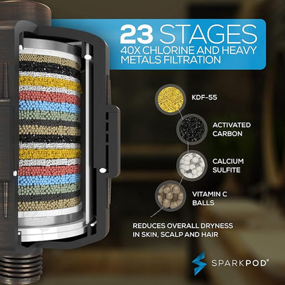 SparkPod 23 Stage Shower Head Filter for Dry Hair and Skin - High Output Universal Shower Filters to Remove Toxic Chemicals, Chlorine & Heavy Metals (Vintage Oil-Rubbed Bronze)
