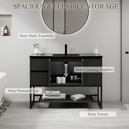 LUCKWIND 48" Modern Bathroom Vanity with Single Black Sink Combo, Freestanding Storage Cabinet with Metal Frame, Water-Saving Faucet and Open Shelf and 2 Soft-Closing Door, Black