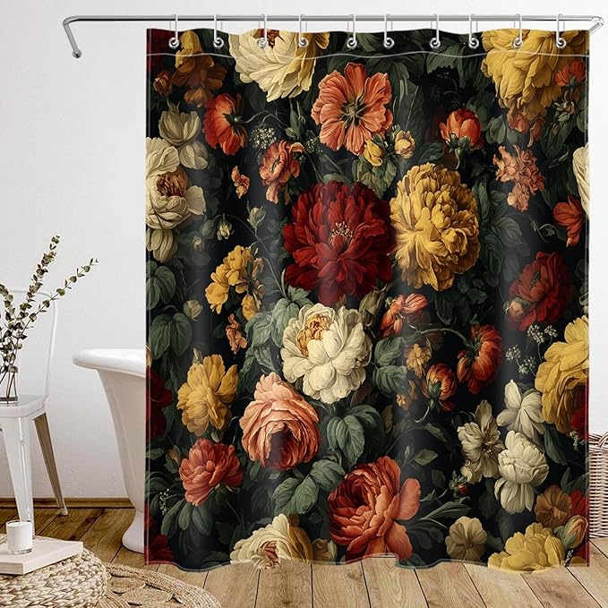 Vintage Dark Floral Shower Curtain for Bathroom, Moody Black Boho Botanical Flower Design Retro Farmhouse Fabric Bath Curtain with 10 Hooks, 60W x 72L Inches