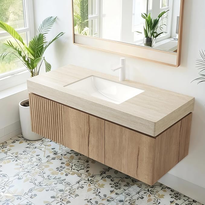 LKTART Floating 48 Inch Bathroom Vanity with Sink, Modern Plywood Wall Mounted Bathroom Storage Cabinet with 2 Doors and 1 Drawer, Roma Travertine-Pattern Sintered Stone Countertop and Ceramic Basins