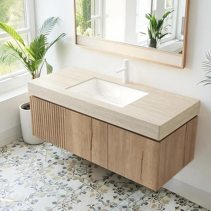 LKTART Floating 48 Inch Bathroom Vanity with Sink, Modern Plywood Wall Mounted Bathroom Storage Cabinet with 2 Doors and 1 Drawer, Roma Travertine-Pattern Sintered Stone Countertop and Ceramic Basins