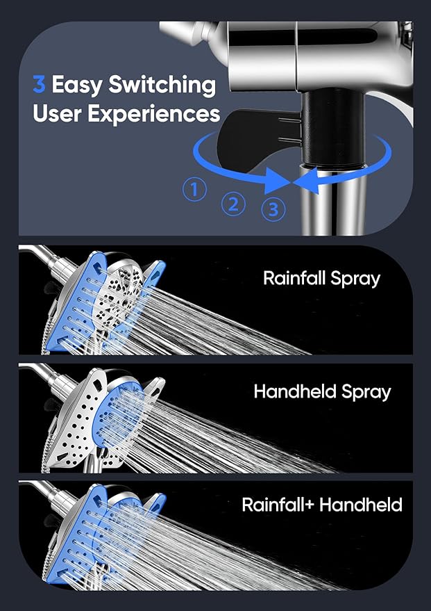 Shower Head with Handheld High Pressure, Rain Shower Head with Fixed Showerhead and 9 Sprays Handheld Shower, Detachable 2-IN-1 Shower head with 59" Rotatable Stainless Steel Hose (Chrome)