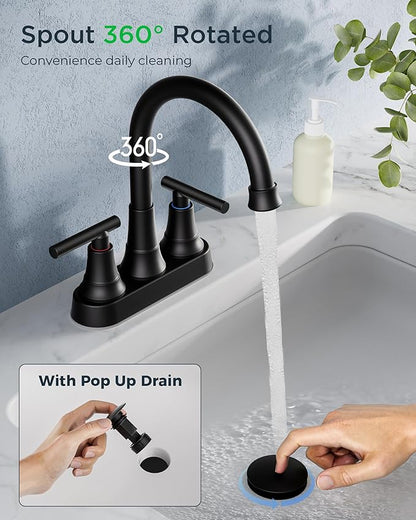 FORIOUS Matte Black Bathroom Faucets, 4 Inch Centerset Bathroom Sink Faucet 2 or 3 Hole with Pop up Drain and cUPC Hose, Two Handles Control, 360° spout for Restroom,Vanity, RV