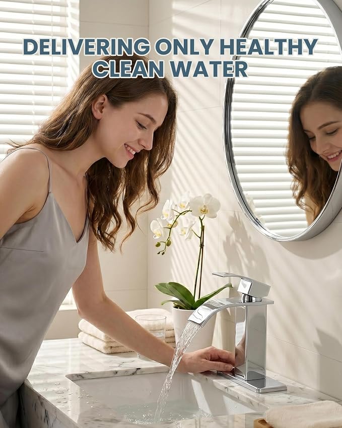 ARCORA Waterfall Bathroom Faucet Chrome: Modern Single Handle Bathroom Faucet for 1 or 3 Hole - Bathroom Sink Faucet with Pop Up Drain and Supply Lines