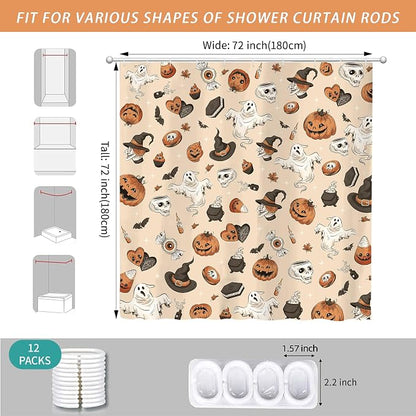 Halloween Cute Skull Ghost Shower Curtain for Bathroom 72W*72H Inch Gothic Witch Scary Magic Horror Pumpkin Bathtub Alchemy Witchcraft Decor Waterproof Polyester Fabric Set with 12 Hooks