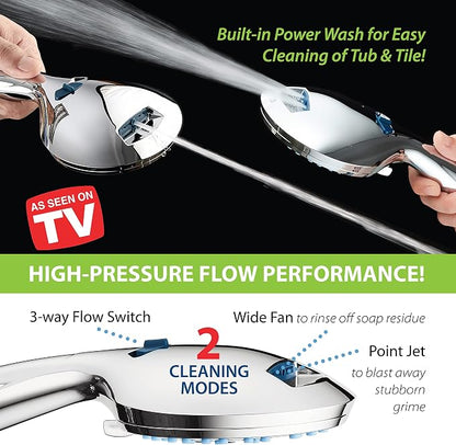 AquaCare 48-mode High Pressure 3-way Shower Head Combo w/ 2-mode Power Wash | Pure Clean Jets, Dual Handheld Power Wash for Tub, Tile & Pets, Long 6 ft. Stainless Steel Hose, Extra Wall Bracket / Chrome