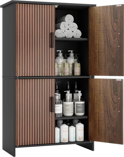 Bathroom Storage Cabinet, Floor Cabinet with 4 Fluted Doors and 2 Adjustable Shelves Wooden Tall Freestanding Organizers and Storage,Black