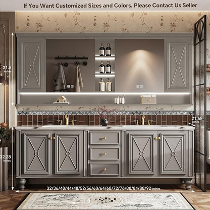 Double Sink Bathroom Vanity, Luxurious Bathroom Vanity with LED Smart Defog Mirror, Solid Freestanding Wood Vanity Sink Cabinet