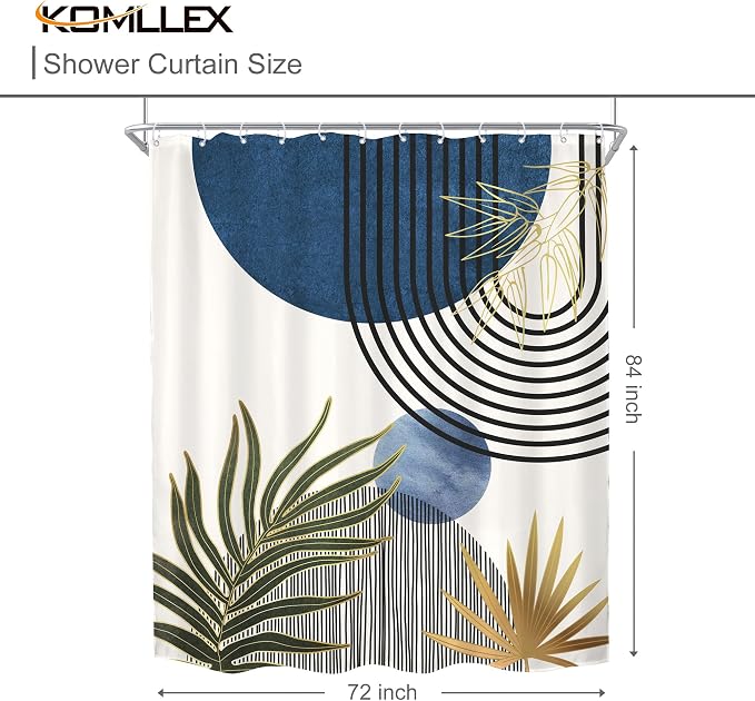 KOMLLEX Mid Century Blue Green Boho Extra Long Bathroom Shower Curtain Set | 72Wx84H Abstract Plant design, waterproof HD print with fast-drying fabric and 12 hooks.
