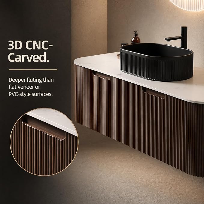 48 Inch Bathroom Vanity with Sink, Floating Wall Mounted Single Sink Vanity, Dark Walnut Curved Fluted Front, Stone Top, Black Textured Oval Vessel Basin, Pre-Assembled