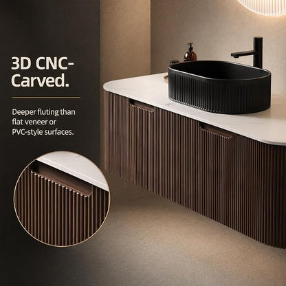 48 Inch Bathroom Vanity with Sink, Floating Wall Mounted Single Sink Vanity, Dark Walnut Curved Fluted Front, Stone Top, Black Textured Oval Vessel Basin, Pre-Assembled