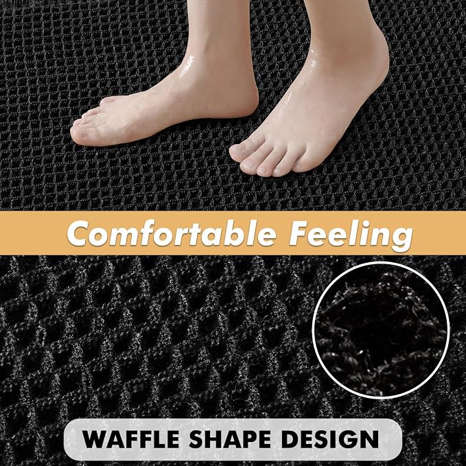 MIULEE Set of 2 Waffle Bathroom Rugs Boho Bath Mat Black 20x32 Inch | Non Slip, Super Absorbent, Washable, Ultra Soft, Rubber Backed Bath Rugs for Bathroom Floor Tub Shower
