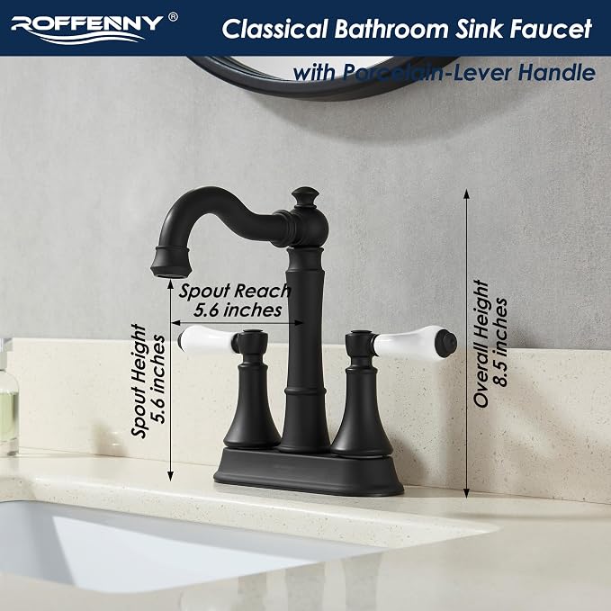 Porcelain 2-Handle Matte Black Bathroom Faucet 4 Inch Centerset | with Plastic Pop-up Drain and Two 23.6" Supply Lines, Classical 4" Bath Vanity Sink Faucets for 2/3-Hole Sinks, Brass Spout