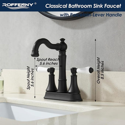 Porcelain 2-Handle Matte Black Bathroom Faucet 4 Inch Centerset | with Plastic Pop-up Drain, Classical Black Bath Lavatory Vanity Faucets for 2/3 Hole Sinks, High Arc 360° Swivel Brass Spout