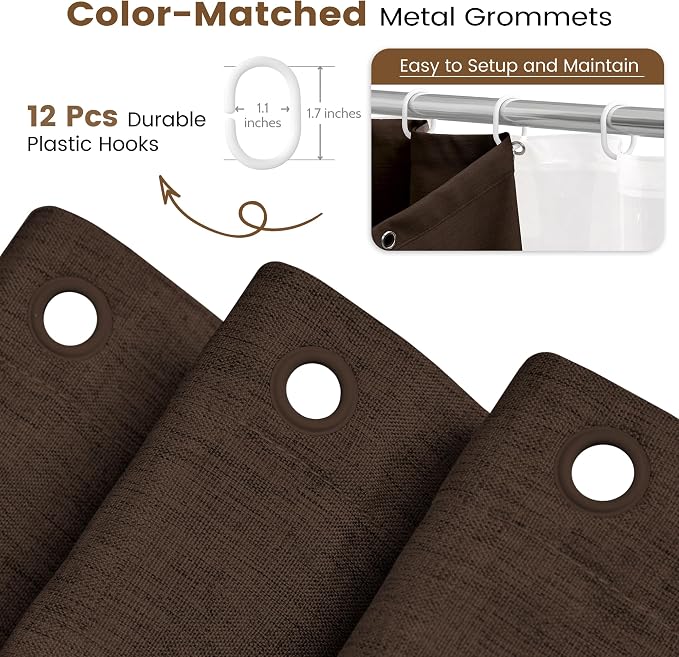 BTTN 72x84 Tall 3 in 1 Linen Texture Cloth Shower Curtain with Liner, Brown | Long Size, 230GSM Heavy Duty Polyester, Waterproof Clear Liner, Weighted Hem, 12 Plastic Hooks, Hotel Style, Machine Washable