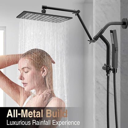 All Metal 10 Inch Rain Shower Head with Handheld Built-in Power Wash Mode, High Pressure Waterfall Rainfall Square Shower Heads with 16" Adjustable Extension Arm, Dual Showerhead, Matte Black