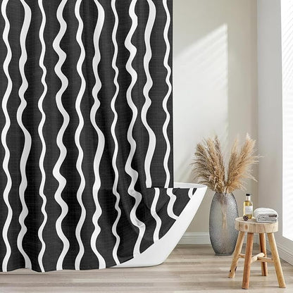 Tititex Cute Curvy Wavy Lines 140gsm Faux Linen Fabric Shower Curtain, Elegant Beige Black Wave Striped Shower Curtain Sets Decoration 72x72 Inch with Hooks