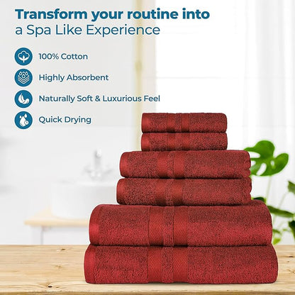 Superior Ultra-Soft 6-Piece Cotton Towel Set, Includes 2 Bath Towels, 2 Hand Towels, and 2 Washcloths for Bathroom, Guest Room, Quick Dry, Daily Use Home Essential Towels - Maroon