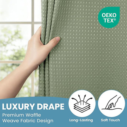 SORTTO No Hook Shower Curtain with Snap in Liner Set Waffle Shower Curtain for Bathroom Hotel Style Fabric Waterproof Inner Liner，71" W x 74" H, Sage Green