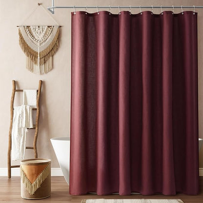 Burgundy Linen Shower Curtain, Country Boho Farmhouse Bath Decor Shower Curtains Neutral Cloth Weighted Textured Fabric Bath Curtain Liner with Hooks, 72x72