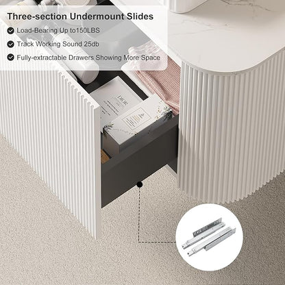 36" Floating Bathroom Vanity with Sink, Natural Solid Wood Modern Bathroom Vanities with Oval Stripes Ceramic Basin and Marble Top, Soft-Close Drawer, Pre-Assembled Cabinet, Gloss White