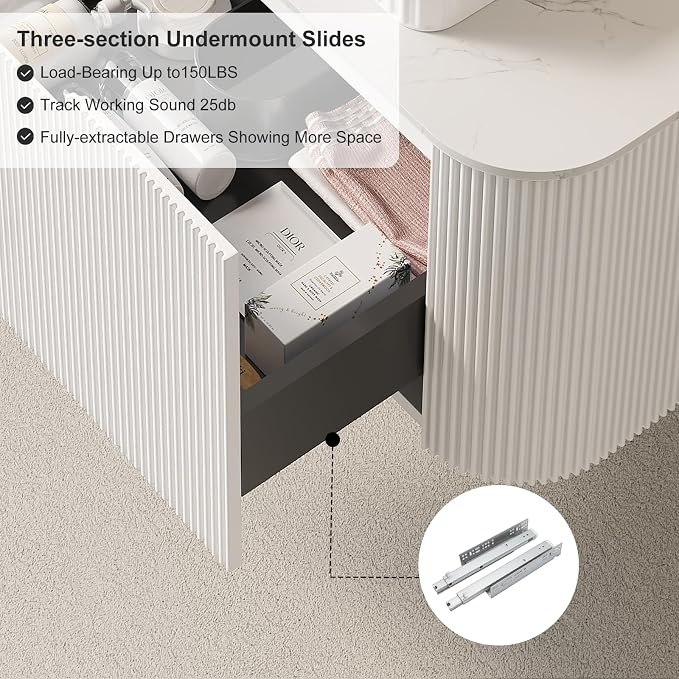 24" Floating Plywood Bathroom Vanity with Sink, White with Black | Plywood Cabinet, Single Sink, Doubel Sink, Ceramic Basin & Marble Countertop, Pre-Assembled