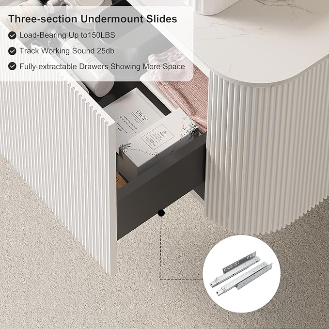 24" Floating Bathroom Vanity with Sink, Modern Bathroom Cabinet with Ultra-Thin Transparent Black Glass Basin and Marble Top, Soft-Close Extra Large Storage Drawer, Pre-Assembled, White
