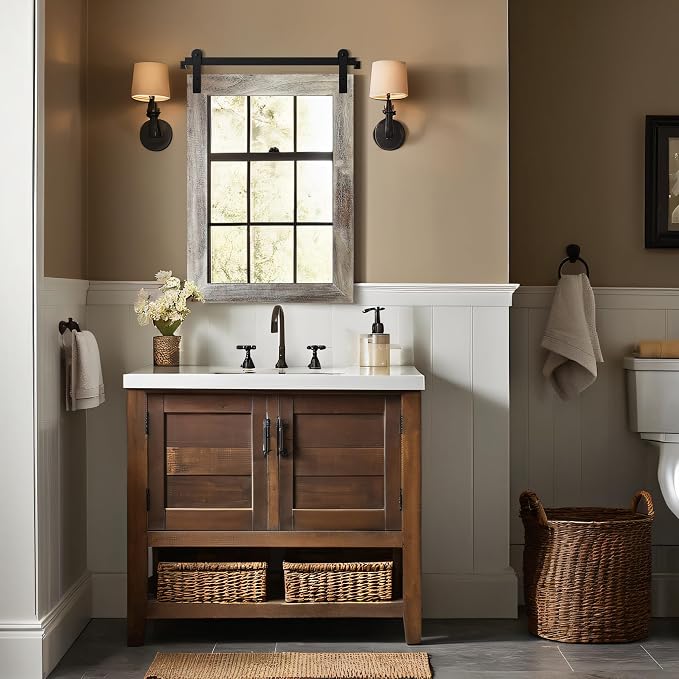 COGOOD Farmhouse Bathroom Mirrors for Over Sink - 30 x 22 Yellow White | Rustic Barn Door Wood Framed Vanity Mirror for Entryway, Living Room, Bedroom, Dresser Wall Decor