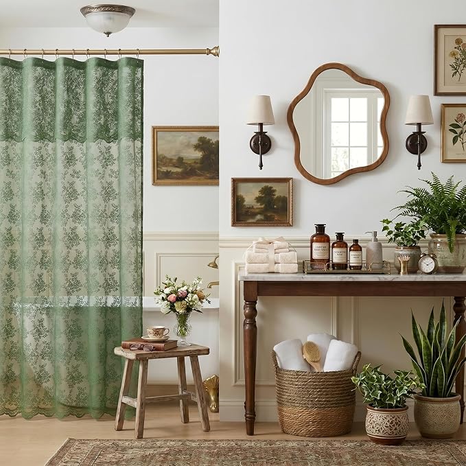 Green Lace Shower Curtain 36x72, Narrow Stall with Attached Valance | Sheer Shower Curtain with Scalloped, lets in soft light for Farmhouse Cottagecore Stalls, RVs and Small Bathrooms