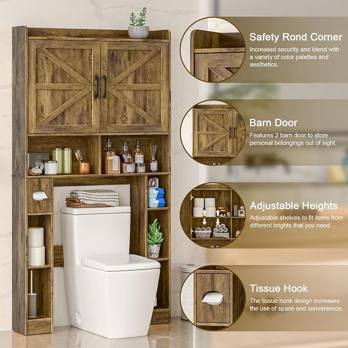 Vabches Over The Toilet Storage Cabinet with Barn Doors, Brown | Toilet Cabinet Rack, Space Saving Bathroom Organizer with Shelves, Toilet Paper Holder and Towel Rack for Bathroom,Laundry.