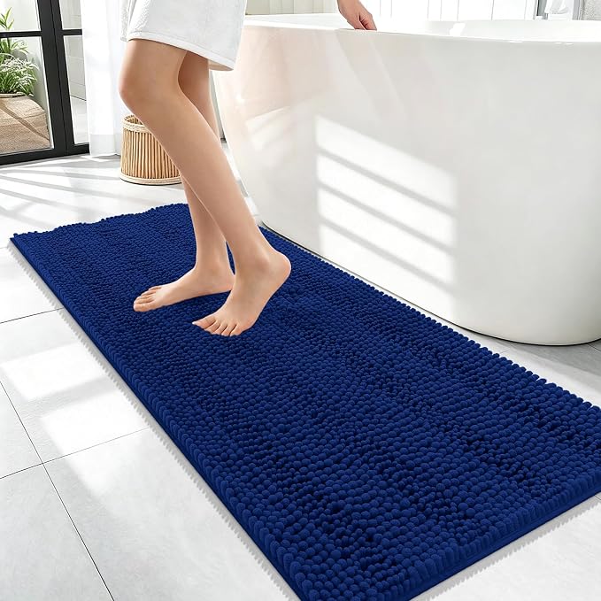 OLANLY Thick Bathroom Runner Rugs 47x17, Soft Chenille Long Bath Rugs, Navy | Absorbent Striped, Rubber Backing, Machine Wash, Bath Mats for Bathroom Floor, Tub and Shower, Home Decor Accessories