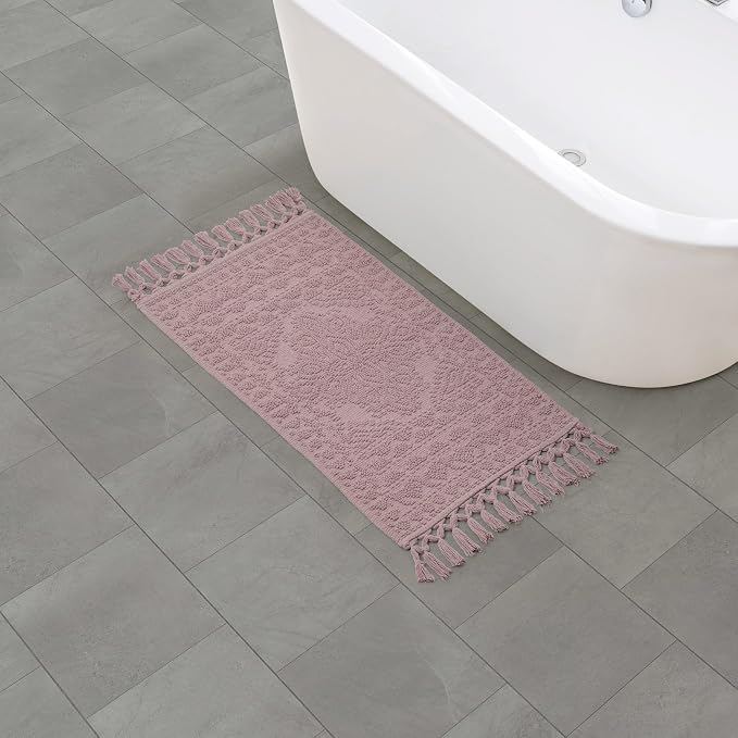 French Connection Nellore Bathroom Rugs, Woven and Beaded Mats, Durable Bath Rugs, Thick Bath Mats for Bathroom and Shower Rugs, 20" x 38", Dusty Pink