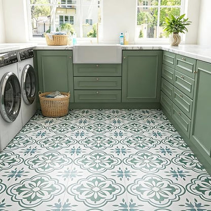 FunStick 12"x142" Green and White Peel and Stick Floor Tile Waterproof Boho Floral Vinyl Flooring Peel and Stick Tile Floor Tiles for Bathroom Kitchen Renter Friendly Stick on Linoleum Flooring Roll