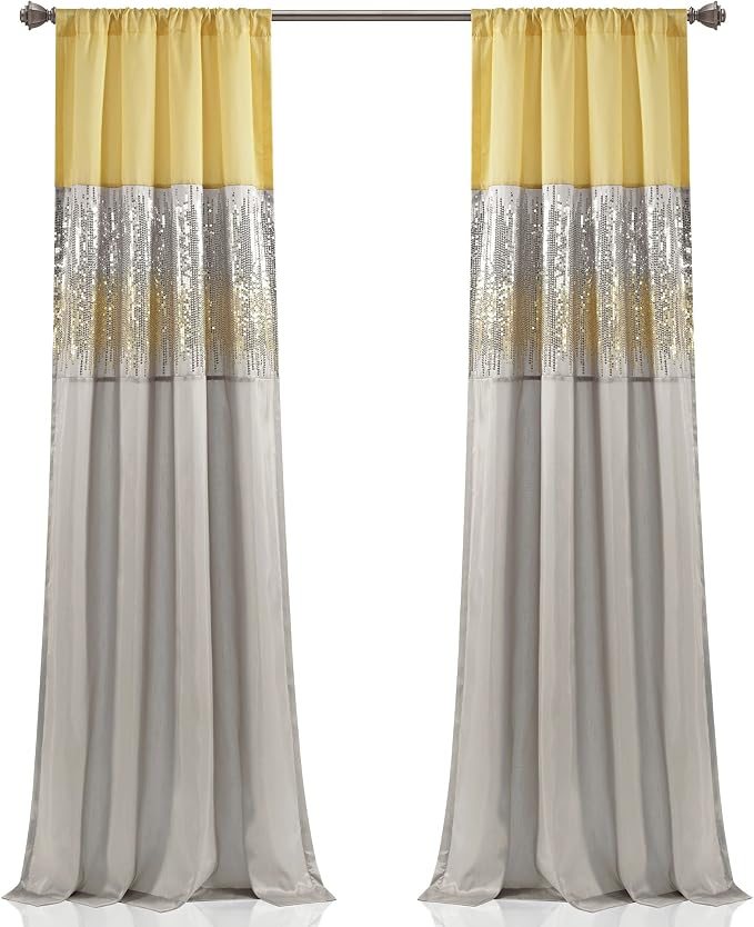 Lush Decor Night Sky Window Curtain Panel, Single 42"W x 84"L Yellow & Gray - Sequin Backdrop Curtain - Room Darkening Curtains For Bedroom - Glam Decor