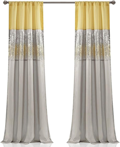 Lush Decor Night Sky Window Curtain Panel, Single 42"W x 108"L Yellow & Gray - Sequin Backdrop Curtain - Room Darkening Curtains For Bedroom - Glam Decor