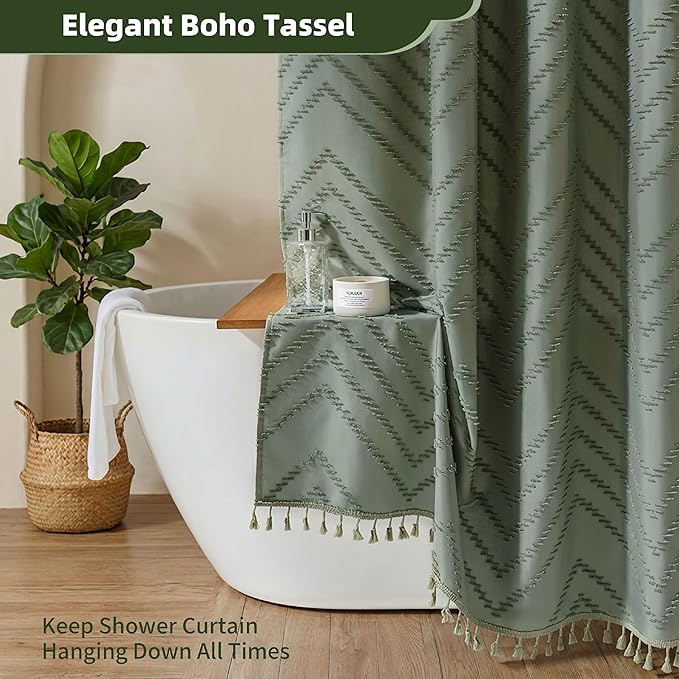 Siiluminisoy Extra Long Sage Green Boho Shower Curtain with Tassel, Woven Fabric 96 in Shower Curtain, Tufted Chevron Striped, 72 x 96, Modern Chic Textured Minimalist Bathroom Shower