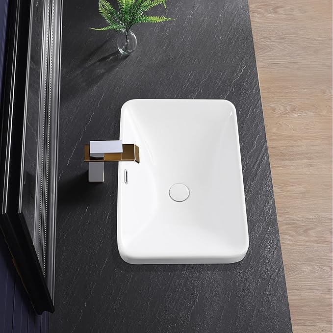 Vessel Sink 23"x16" Semi Recessed Bathroom Sink Drop-in White Bathroom Sink Porcelain Ceramic Modern Rectangular Sinks Drop-in Vanity Sinks with Overflow for Bathrooms