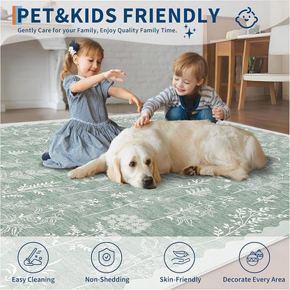 GarveeHome Washable 5x7 Rugs for Living Room Floral Scalloped Bedroom Area Rug, Non-Slip Dining Table Solid Neutral Throw Mat, Botanical Area Rug Carpet for Entry Basement Dorm Farmhouse, Green