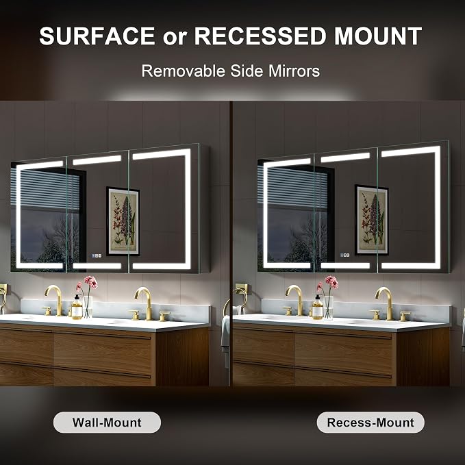 60" X 30" Bathroom Mirror Medicine Cabinet with 3X Magnification Makeup Mirror, LED Mirrored Cabinet, Bathroom Storage Mirror Cabinet, Recessed or Surface, Three Opening Doors