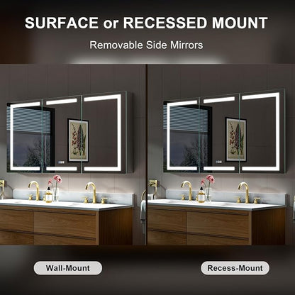 60" X 30" Bathroom Mirror Medicine Cabinet with 3X Magnification Makeup Mirror, LED Mirrored Cabinet, Bathroom Storage Mirror Cabinet, Recessed or Surface, Three Opening Doors