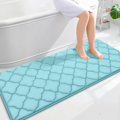 OLANLY Memory Foam Bath Mat Rug 59x24, Ultra Soft and Absorbent Bathroom Rugs, Non-Slip, Comfortable, Machine Washable Bath Carpet for Bathroom Floor, Tub, Shower and Home Decor Accessories, Sky Blue