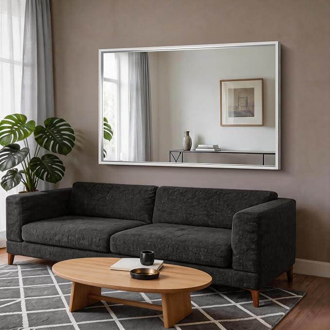 CIRCUMI 60"x40" Brushed Silver Bathroom Mirror, Double Sink Vanity Mirror | Chunky Box Metal Frame, Shatterproof, Tempered Glass, Bathroom Remodel&New Home, Large Rectangular Mirror for Living Room