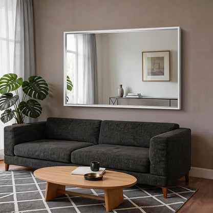 CIRCUMI 60"x40" Brushed Silver Bathroom Mirror, Double Sink Vanity Mirror | Chunky Box Metal Frame, Shatterproof, Tempered Glass, Bathroom Remodel&New Home, Large Rectangular Mirror for Living Room