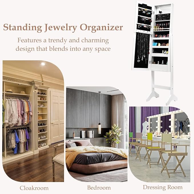 NAFORT 18 LED Lights Standing Mirror Jewelry Cabinet, Large Storage Mirror Full Length, Jewelry Armoire with Lipstick Holders, Shelves, Earring Notches, Inside Makeup Mirror (White)