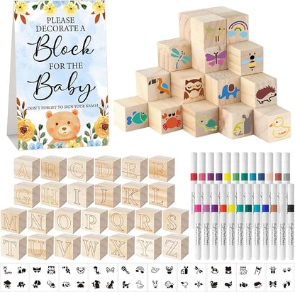 117 Pcs Baby Shower Blocks to Decorate Game Kit Includes 52 Wooden Blocks 24 Markers 1 Game Sign 40 Templates to Paint (Blue Bear)