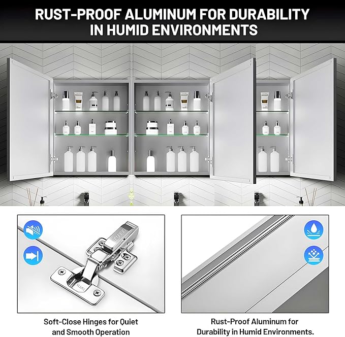 48 x 24 Medicine Cabinet Mirror for Bathroom,Assembly Required,Aluminum Alloy Frame,Surface-Mount Only,Mirrored Side Panel,Adjustable Shelves,Bathroom Medicine Cabinet with Mirror