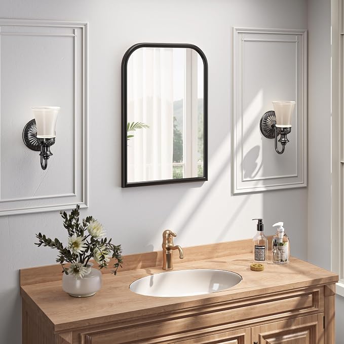 Arch Wall Mirror for Wall Mounted, Tempered Glass, Wood Grain Finish Frame Wall Mirror Decorative for Bedroom Living Room Vanity Mirror (Black, 30" L x 20" W)