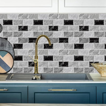 URCOLOR 10-Sheet Peel and Stick Backsplash Tile Sticker for Kitchen,12"x12" Self Adhesive Subway Wall Tiles Stick on Back Splashes for Bathroom Gray Black Marble Design