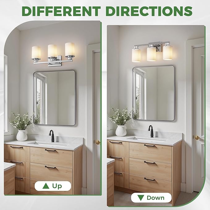 DORESshop 17 Inch Bathroom Light Fixtures, 3-Light Nickel Bathroom Lighting Fixtures Over Mirror with Milk Glass Shade, Vanity Lights for Living Room Bedroom